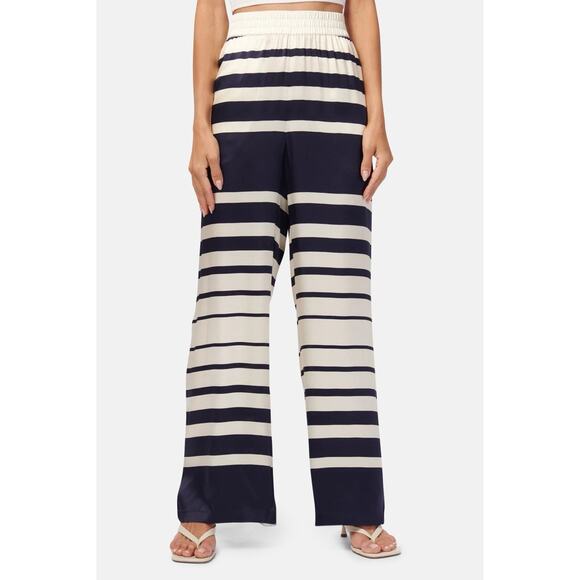 Cami NYC Wide Leg Pants White & Blue 100% Silk Shadow Stripe Sz M Nautical Prepp - Picture 2 of 16